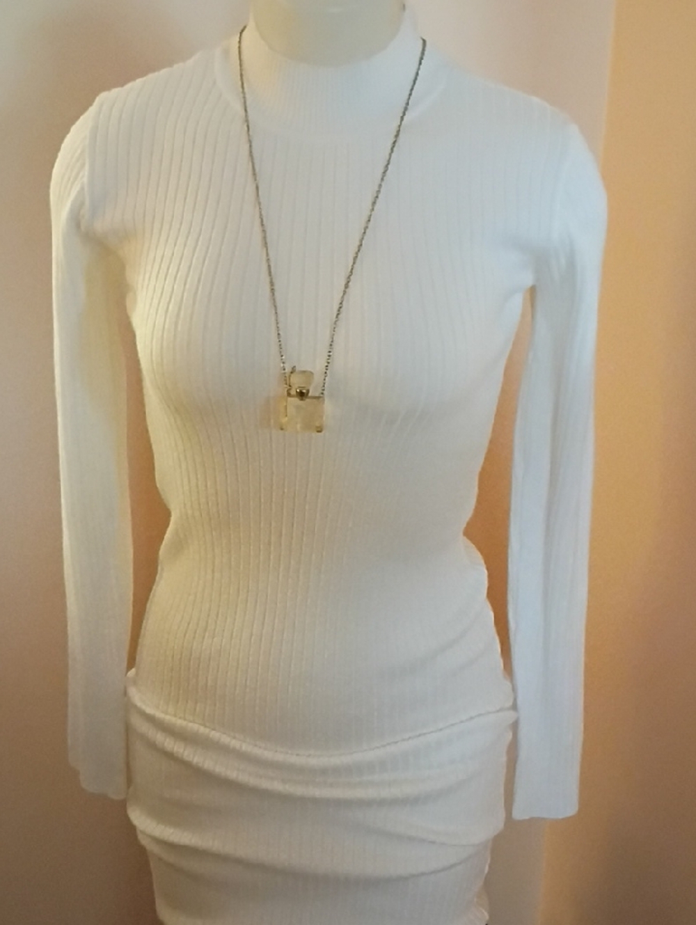 White Ribbed Mock-Neck Long Sleeve Dress